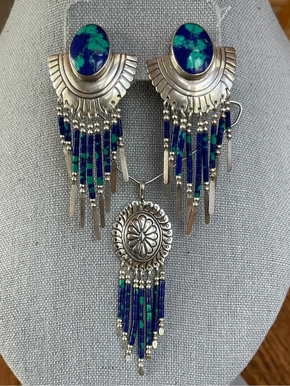 Azurmalachite Sterling Silver Earrings & Concho Pendant Set